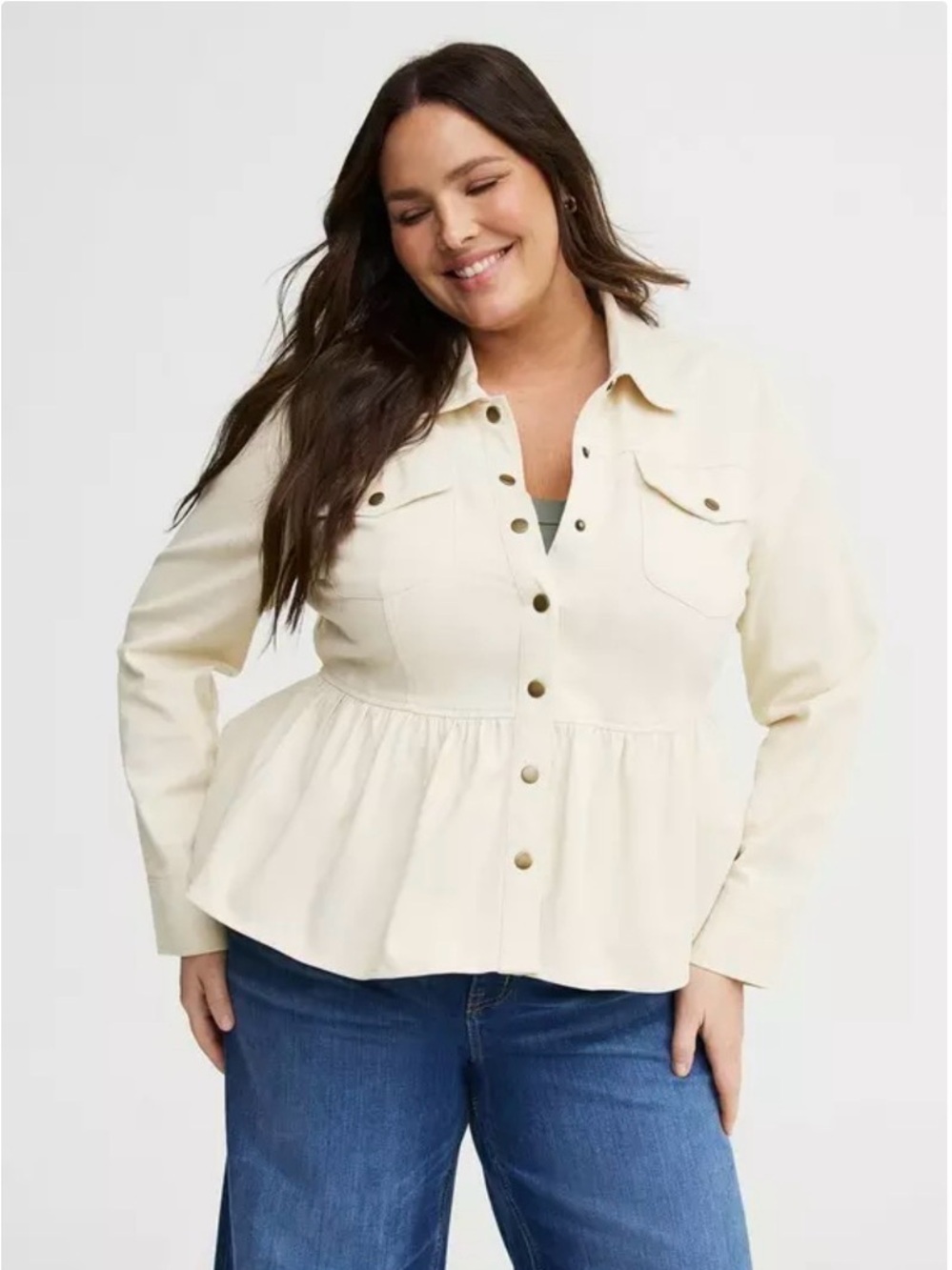 Torrid Peplum Button-Front Twill Jacket in Cream
